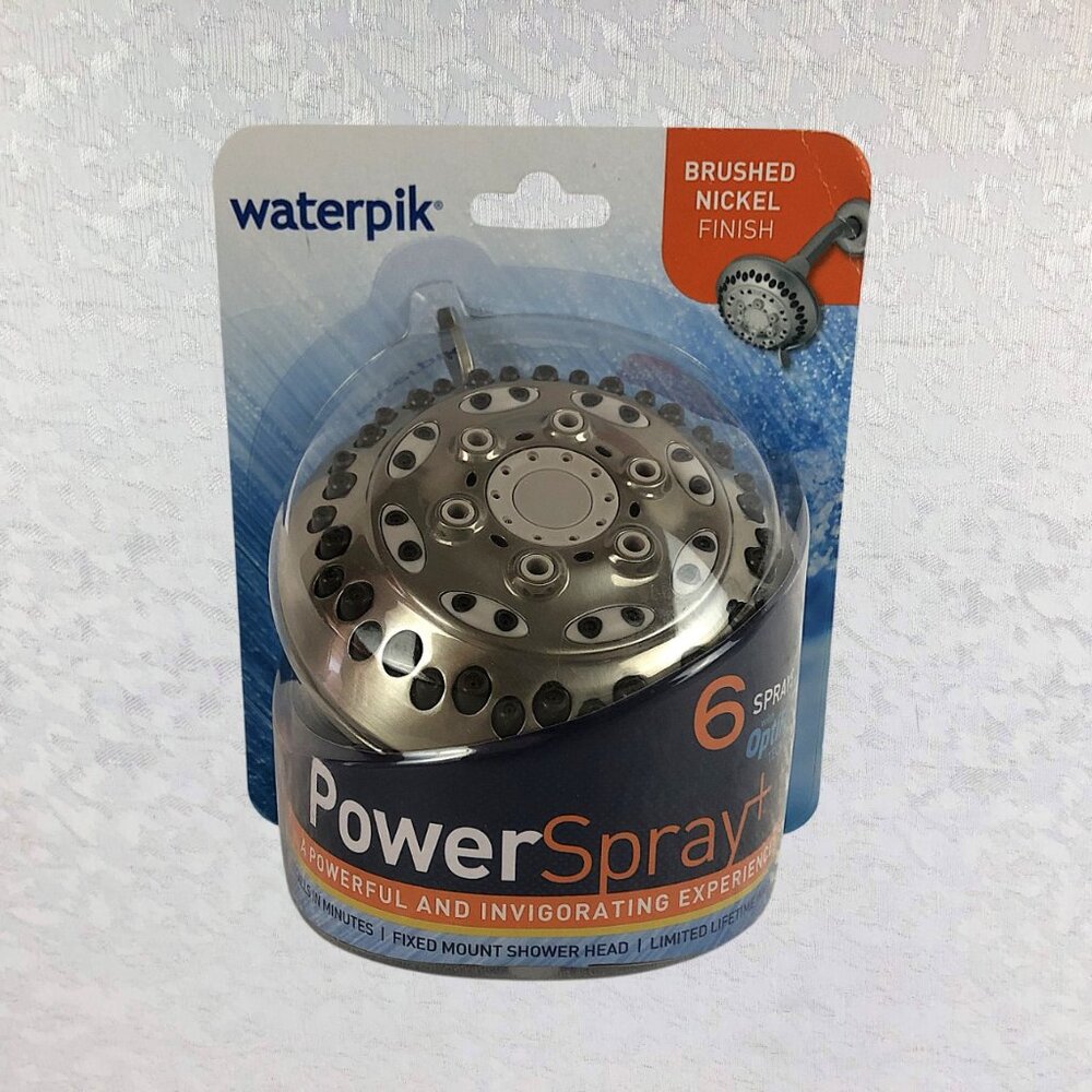 Waterpik PowerSpray+ 6-Mode Fixed Mount Brushed Nickel Showerhead NWT-Sealed Pkg